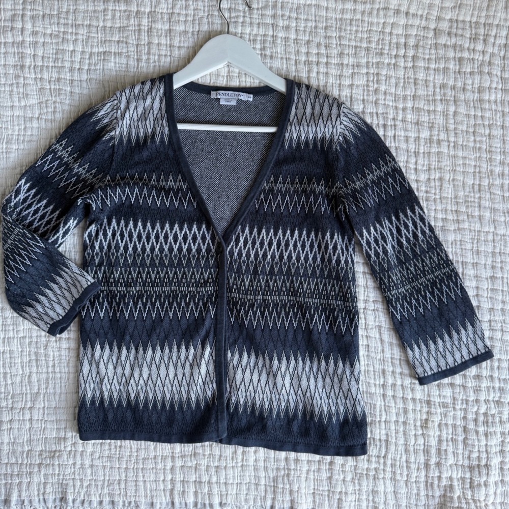 Pendleton Navy Blue White Geometric Linen Cotton Cardigan‎ Sweater XS RN29685